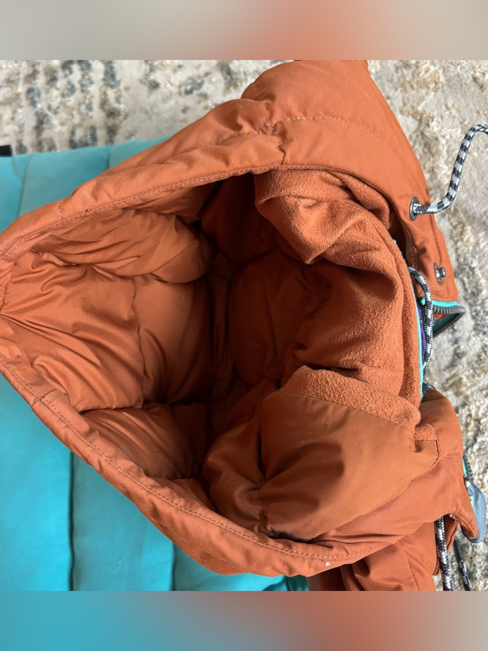 Patagonia Hooded Bivy Down Vest Mushroom Print Women’s XS Copper Blue - Picture 9 of 9